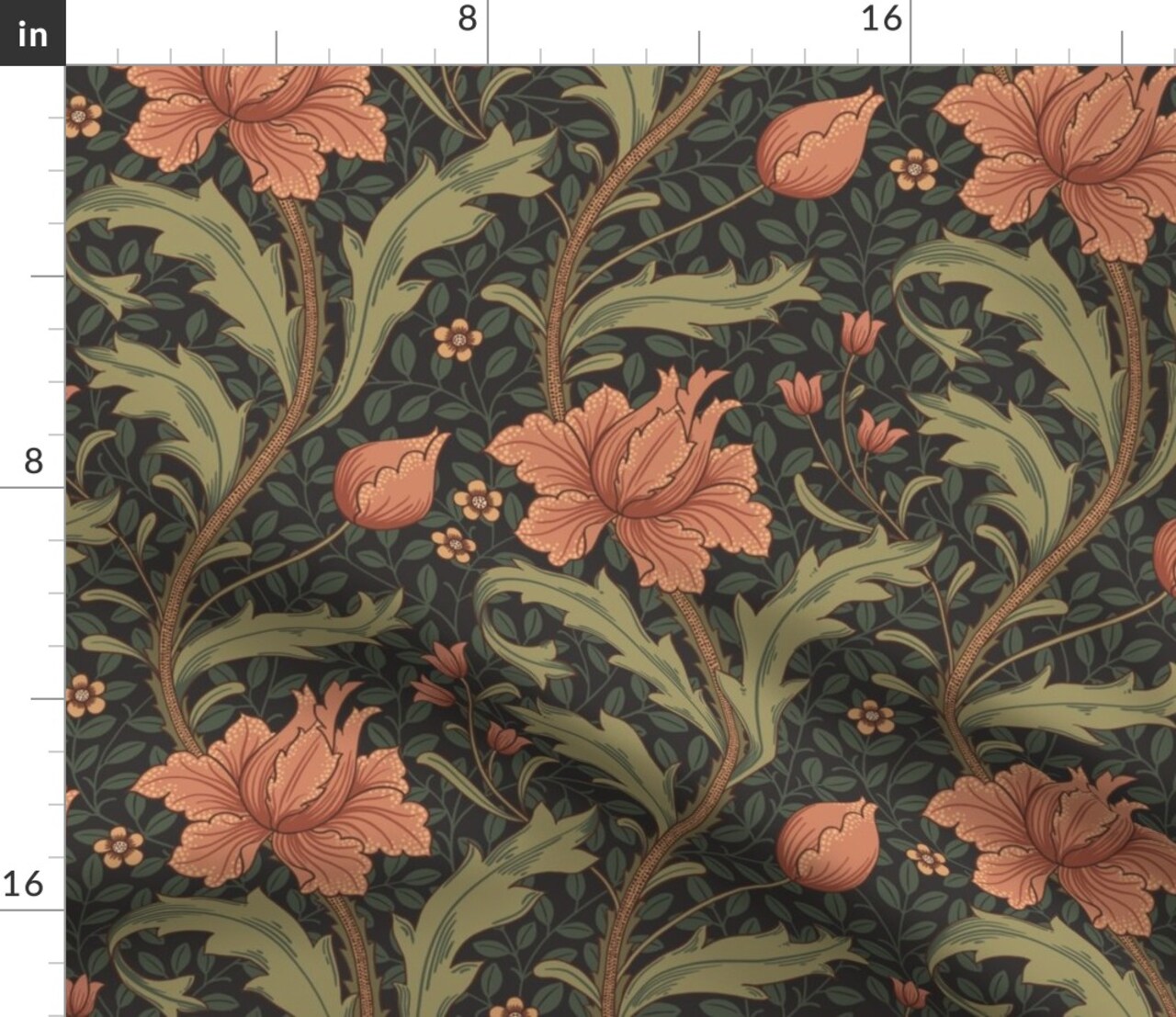 Green Pink Floral Vines Hand Drawn Moody Traditional Botanical Arts And Crafts Custom Printed Fabric by Spoonflower Various Fabrics by the Yard or Fat Quarter